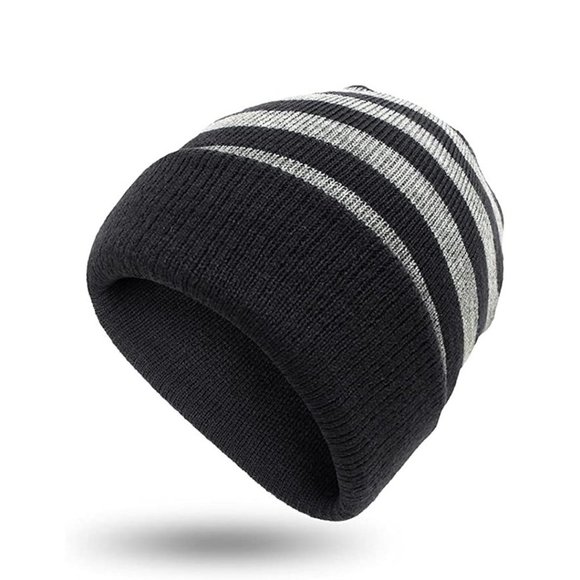Kids Ages 6-10 Black and Heather Grey Stripe Knit Beanie - Picture 1 of 5